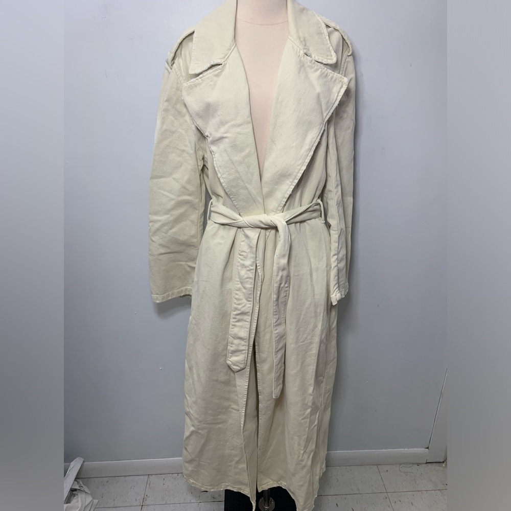 ZARA Cotton Long Trench Coat Belted Cream White size L 8197 734 - Picture 2 of 15